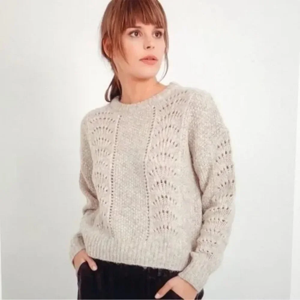 Rails Sweater Mara Teddy Crew Neck Pullover Alpaca Wool Blend Pointelle Knit Med